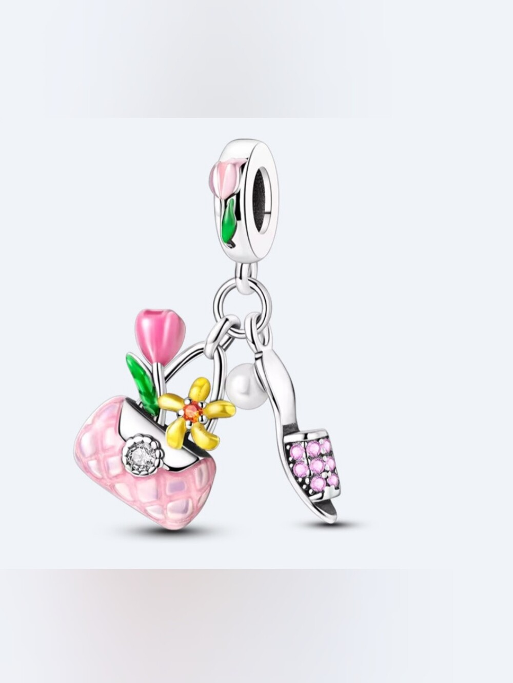 Sterling Silver Pink Floral Basket Dangle Charm